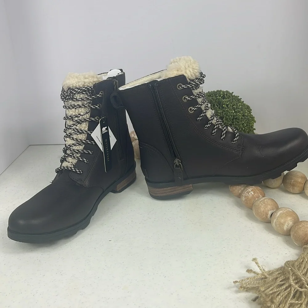SOREL Emelie Shearling Short Lace-Up Leather Boots Blacken Brown-Sz 8.5